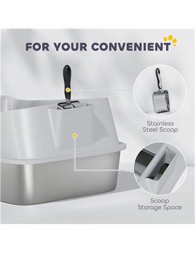 PawHut XXL Stainless Steel Cat Litter Box with High Sides, Metal Scoop, 70 x 50 x 30 cm