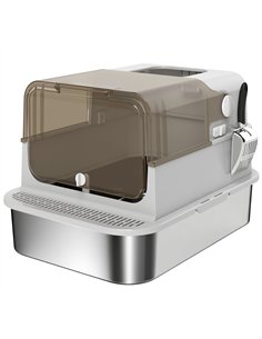 PawHut XXL Stainless Steel Cat Litter Tray, Enclosed Cat Litter Box with 90° Flip Cover, Double Doors, Scoop, Easy Clean, Grey