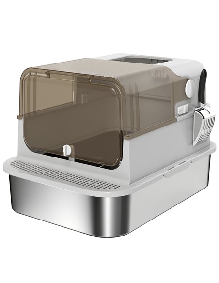 PawHut XXL Stainless Steel Cat Litter Tray, Enclosed Cat Litter Box with 90° Flip Cover, Double Doors, Scoop, Easy Clean, Grey - pic 194527 | FastDaddyshop