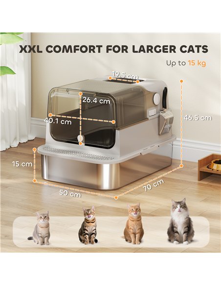 PawHut XXL Stainless Steel Cat Litter Tray, Enclosed Cat Litter Box with 90° Flip Cover, Double Doors, Scoop, Easy Clean, Grey - pic 194529 | FastDaddyshop