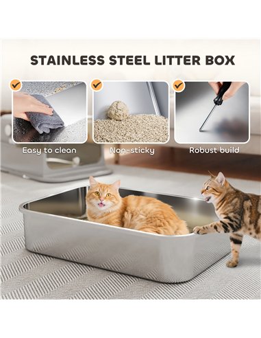 PawHut XXL Stainless Steel Cat Litter Tray, Enclosed Cat Litter Box with 90° Flip Cover, Double Doors, Scoop, Easy Clean, Grey