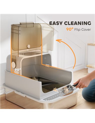 PawHut XXL Stainless Steel Cat Litter Tray, Enclosed Cat Litter Box with 90° Flip Cover, Double Doors, Scoop, Easy Clean, Grey