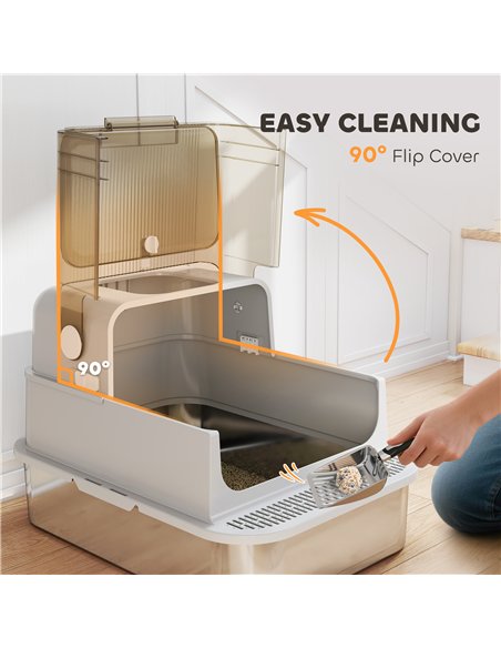PawHut XXL Stainless Steel Cat Litter Tray, Enclosed Cat Litter Box with 90° Flip Cover, Double Doors, Scoop, Easy Clean, Grey - pic 194531 | FastDaddyshop