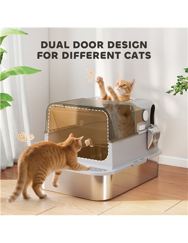 PawHut XXL Stainless Steel Cat Litter Tray, Enclosed Cat Litter Box with 90° Flip Cover, Double Doors, Scoop, Easy Clean, Grey