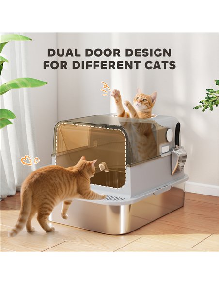 PawHut XXL Stainless Steel Cat Litter Tray, Enclosed Cat Litter Box with 90° Flip Cover, Double Doors, Scoop, Easy Clean, Grey - pic 194532 | FastDaddyshop