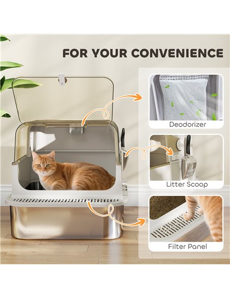 PawHut XXL Stainless Steel Cat Litter Tray, Enclosed Cat Litter Box with 90° Flip Cover, Double Doors, Scoop, Easy Clean, Grey - pic 194533 | FastDaddyshop