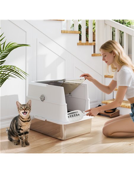 PawHut Extra Large Stainless Steel, Cat Litter Tray with Scoop, Flip Top - pic 194537 | FastDaddyshop