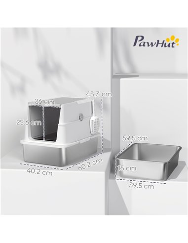 PawHut Extra Large Stainless Steel, Cat Litter Tray with Scoop, Flip Top
