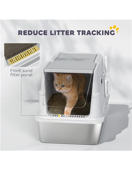 PawHut Extra Large Stainless Steel, Cat Litter Tray with Scoop, Flip Top - pic 194543 | FastDaddyshop
