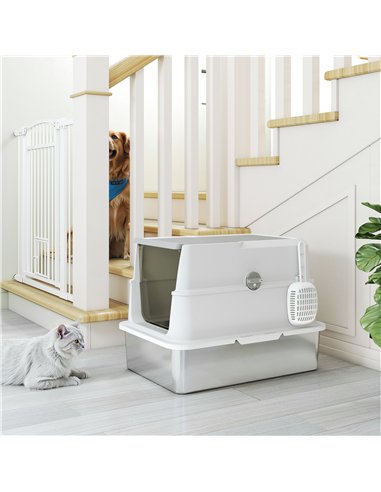 PawHut Extra Large Stainless Steel, Cat Litter Tray with Scoop, Flip Top