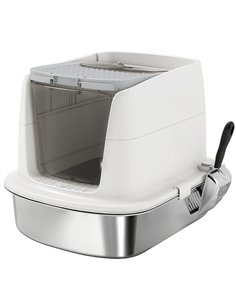 PawHut Large Stainless Steel Litter Box, Enclosed Metal Cat Litter Tray with Scoop, Deodoriser Bag, Front-Entry and Top-Exit