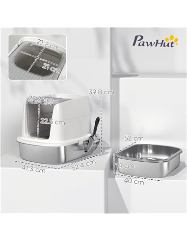 PawHut Large Stainless Steel Litter Box, Enclosed Metal Cat Litter Tray with Scoop, Deodoriser Bag, Front-Entry and Top-Exit