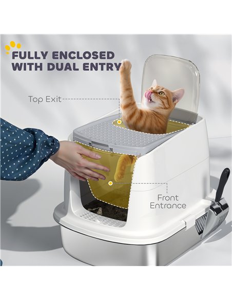 PawHut Large Stainless Steel Litter Box, Enclosed Metal Cat Litter Tray with Scoop, Deodoriser Bag, Front-Entry and Top-Exit - pic 194549 | FastDaddyshop