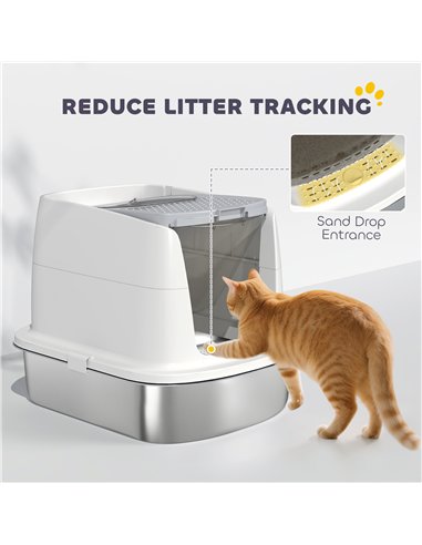 PawHut Large Stainless Steel Litter Box, Enclosed Metal Cat Litter Tray with Scoop, Deodoriser Bag, Front-Entry and Top-Exit