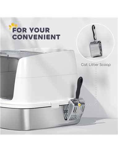 PawHut Large Stainless Steel Litter Box, Enclosed Metal Cat Litter Tray with Scoop, Deodoriser Bag, Front-Entry and Top-Exit