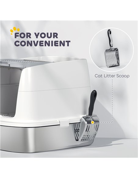 PawHut Large Stainless Steel Litter Box, Enclosed Metal Cat Litter Tray with Scoop, Deodoriser Bag, Front-Entry and Top-Exit - pic 194551 | FastDaddyshop