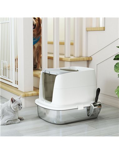 PawHut Large Stainless Steel Litter Box, Enclosed Metal Cat Litter Tray with Scoop, Deodoriser Bag, Front-Entry and Top-Exit