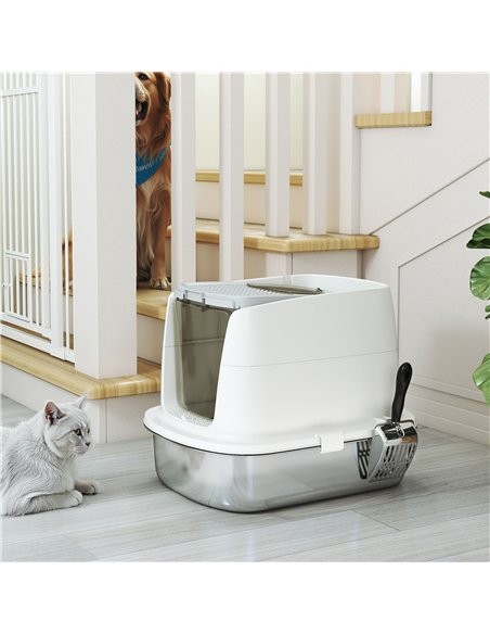 PawHut Large Stainless Steel Litter Box, Enclosed Metal Cat Litter Tray with Scoop, Deodoriser Bag, Front-Entry and Top-Exit - pic 194553 | FastDaddyshop
