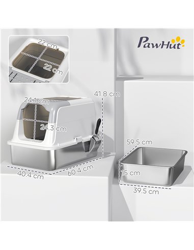 PawHut Extra Large Stainless Steel Litter Box, Enclosed Cat Litter Tray with Scoop, Deodorizer Bag, Front-Entry and Top-Exit