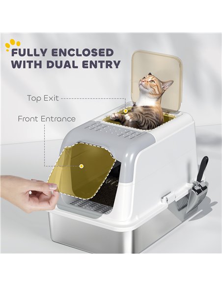 PawHut Extra Large Stainless Steel Litter Box, Enclosed Cat Litter Tray with Scoop, Deodorizer Bag, Front-Entry and Top-Exit - pic 194558 | FastDaddyshop