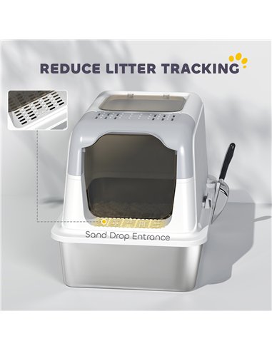 PawHut Extra Large Stainless Steel Litter Box, Enclosed Cat Litter Tray with Scoop, Deodorizer Bag, Front-Entry and Top-Exit