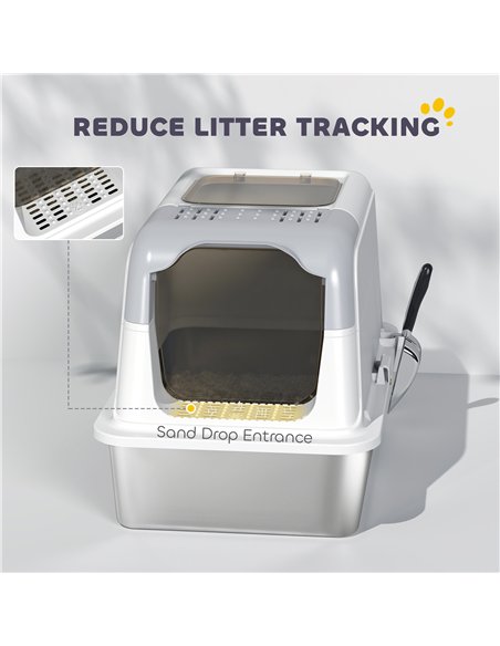 PawHut Extra Large Stainless Steel Litter Box, Enclosed Cat Litter Tray with Scoop, Deodorizer Bag, Front-Entry and Top-Exit - pic 194559 | FastDaddyshop