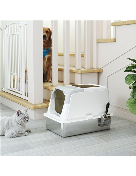 PawHut Extra Large Stainless Steel Litter Box, Enclosed Cat Litter Tray with Scoop, Deodorizer Bag, Front-Entry and Top-Exit - pic 194562 | FastDaddyshop