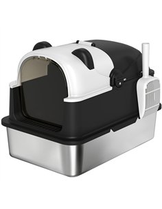 PawHut Panda Style XL Stainless Steel Cat Litter Box with Lid, Enclosed Kitty Litter Box with Scoop, 60 x 40 x 45 cm