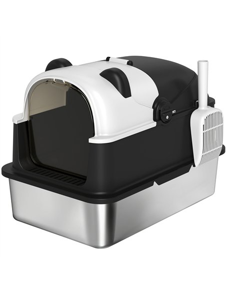 PawHut Panda Style XL Stainless Steel Cat Litter Box with Lid, Enclosed Kitty Litter Box with Scoop, 60 x 40 x 45 cm - pic 194563 | FastDaddyshop
