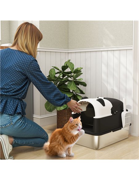 PawHut Panda Style XL Stainless Steel Cat Litter Box with Lid, Enclosed Kitty Litter Box with Scoop, 60 x 40 x 45 cm - pic 194564 | FastDaddyshop
