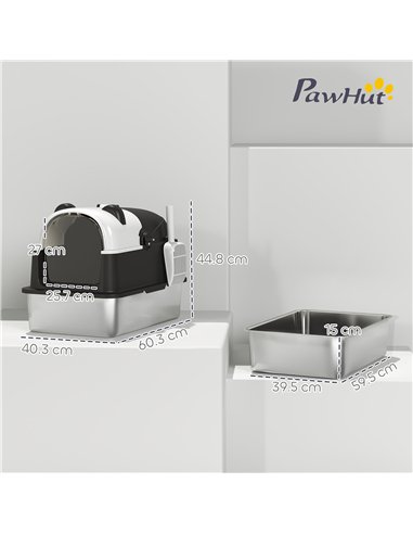 PawHut Panda Style XL Stainless Steel Cat Litter Box with Lid, Enclosed Kitty Litter Box with Scoop, 60 x 40 x 45 cm
