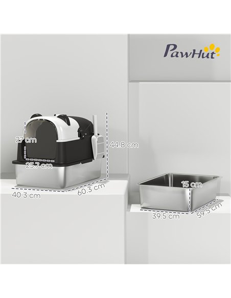 PawHut Panda Style XL Stainless Steel Cat Litter Box with Lid, Enclosed Kitty Litter Box with Scoop, 60 x 40 x 45 cm - pic 194565 | FastDaddyshop