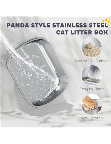 PawHut Panda Style XL Stainless Steel Cat Litter Box with Lid, Enclosed Kitty Litter Box with Scoop, 60 x 40 x 45 cm