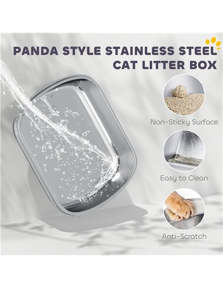 PawHut Panda Style XL Stainless Steel Cat Litter Box with Lid, Enclosed Kitty Litter Box with Scoop, 60 x 40 x 45 cm - pic 194566 | FastDaddyshop