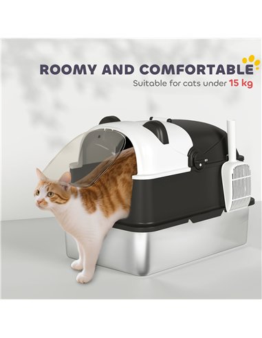 PawHut Panda Style XL Stainless Steel Cat Litter Box with Lid, Enclosed Kitty Litter Box with Scoop, 60 x 40 x 45 cm