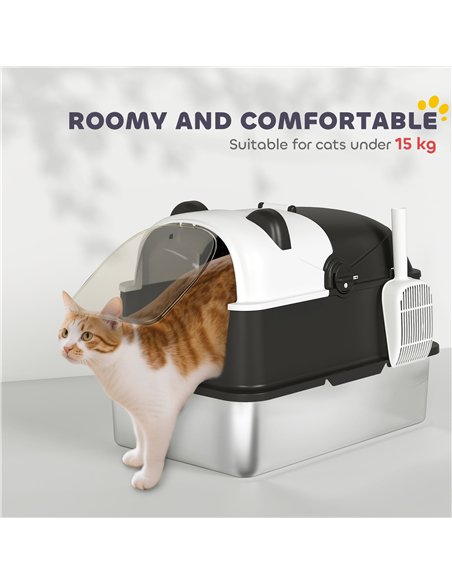 PawHut Panda Style XL Stainless Steel Cat Litter Box with Lid, Enclosed Kitty Litter Box with Scoop, 60 x 40 x 45 cm - pic 194567 | FastDaddyshop