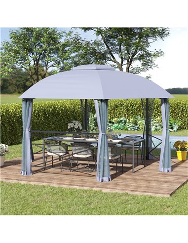 Outsunny 4x4.7m Hexagon Gazebo Tent with 2 Tier Roof, Netting, Steel Frame, Grey