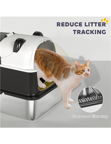 PawHut Panda Style XL Stainless Steel Cat Litter Box with Lid, Enclosed Kitty Litter Box with Scoop, 60 x 40 x 45 cm - pic 194570 | FastDaddyshop