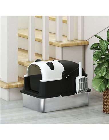 PawHut Panda Style XL Stainless Steel Cat Litter Box with Lid, Enclosed Kitty Litter Box with Scoop, 60 x 40 x 45 cm