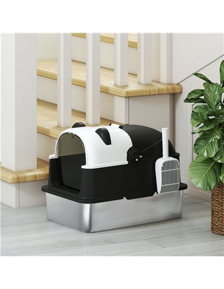 PawHut Panda Style XL Stainless Steel Cat Litter Box with Lid, Enclosed Kitty Litter Box with Scoop, 60 x 40 x 45 cm - pic 194571 | FastDaddyshop