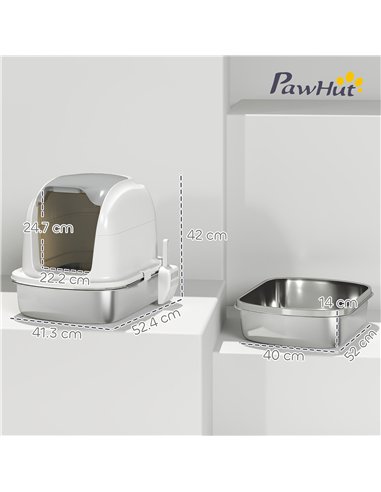 PawHut Stainless Steel Cat Litter Box with Lid, for Cats, Enclosed Cat Litter Box with Flip Cover, Scoop