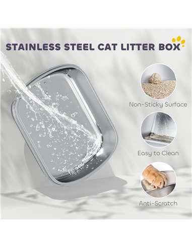PawHut Stainless Steel Cat Litter Box with Lid, for Cats, Enclosed Cat Litter Box with Flip Cover, Scoop