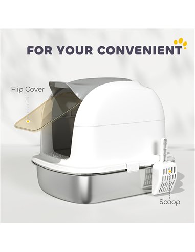 PawHut Stainless Steel Cat Litter Box with Lid, for Cats, Enclosed Cat Litter Box with Flip Cover, Scoop