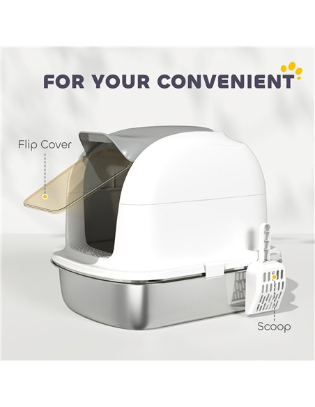 PawHut Stainless Steel Cat Litter Box with Lid, for Cats, Enclosed Cat Litter Box with Flip Cover, Scoop - pic 194578 | FastDaddyshop