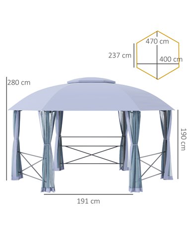 Outsunny 4x4.7m Hexagon Gazebo Tent with 2 Tier Roof, Netting, Steel Frame, Grey