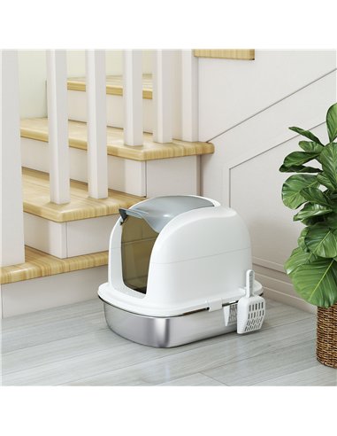 PawHut Stainless Steel Cat Litter Box with Lid, for Cats, Enclosed Cat Litter Box with Flip Cover, Scoop
