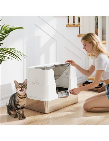 PawHut XL Stainless Steel Litter Box w/ 100° Flip Top, Scoop, Side Top Dual Entry, Odor Free, Easy Cleaning, Anti Leakage