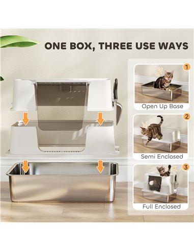 PawHut XL Stainless Steel Litter Box w/ 100° Flip Top, Scoop, Side Top Dual Entry, Odor Free, Easy Cleaning, Anti Leakage