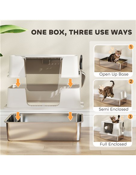 PawHut XL Stainless Steel Litter Box w/ 100° Flip Top, Scoop, Side Top Dual Entry, Odor Free, Easy Cleaning, Anti Leakage - pic 194585 | FastDaddyshop