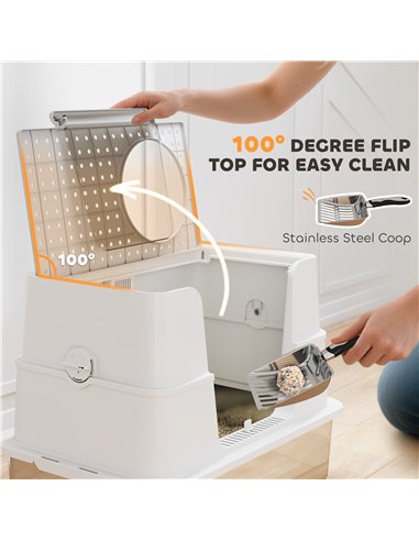 PawHut XL Stainless Steel Litter Box w/ 100° Flip Top, Scoop, Side Top Dual Entry, Odor Free, Easy Cleaning, Anti Leakage